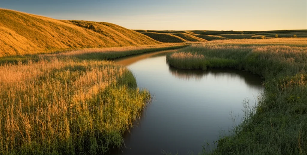 Landscape wide angle 10mm, un'ampia veduta di un paesaggio del Minnesota a basso rilievo che mostra sottili valli fluviali che tagliano terreni precedentemente glaciali, con aree di sedimento non consolidato visibili sui pendii, lunga esposizione per acqua liscia se un fiume è prominente, illuminazione dorata del tardo pomeriggio.