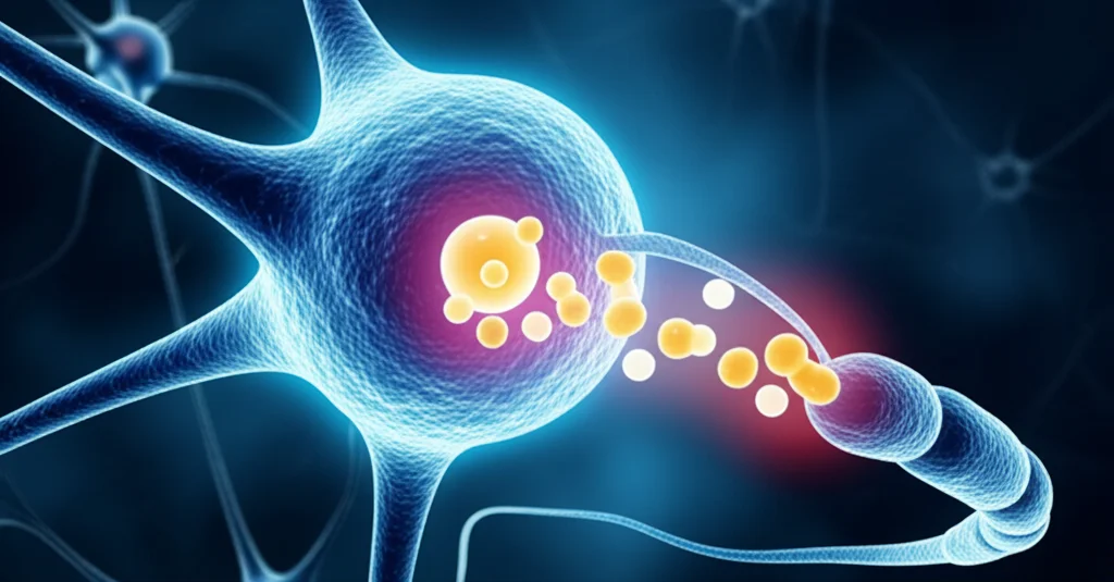 Telephoto zoom, 200mm, fast shutter speed, action tracking, immagine fotorealistica di un neurone stilizzato che riceve molecole di lattato (rappresentate come sfere luminose) da un astrocita adiacente, con un'aura protettiva attorno al neurone, simboleggiando la neuroprotezione durante un evento ischemico simulato da uno sfondo leggermente sfocato e scuro.