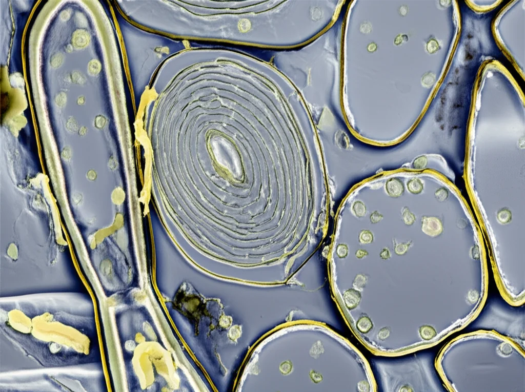 Macro fotografia di cellule di callo di larice sotto stress osmotico, 60mm macro lens, alta definizione, illuminazione controllata da laboratorio, con alcune cellule che mostrano segni di disidratazione e altre più turgide a confronto.