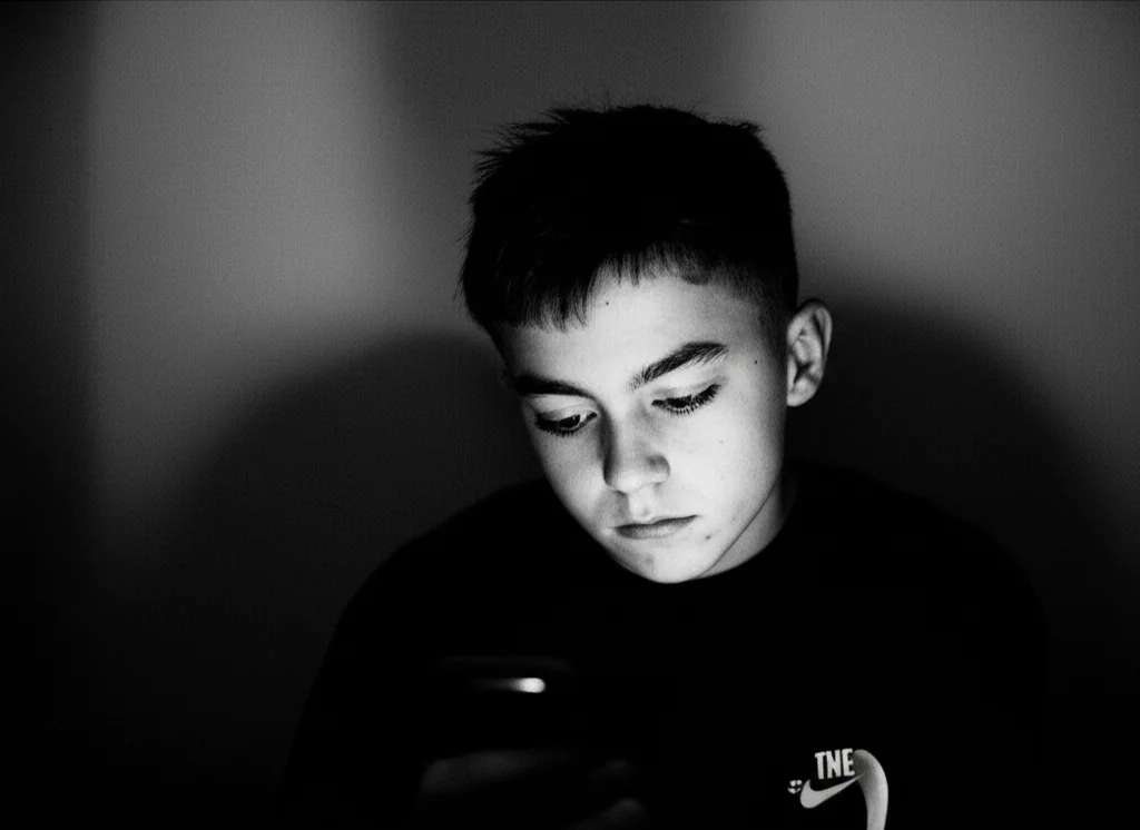 Ritratto fotografico di un adolescente svedese assorto davanti al suo smartphone, con un'espressione pensierosa. La luce dello schermo illumina il suo volto in una stanza con luce soffusa. Obiettivo da 35mm, bianco e nero film, profondità di campo per enfatizzare il soggetto.