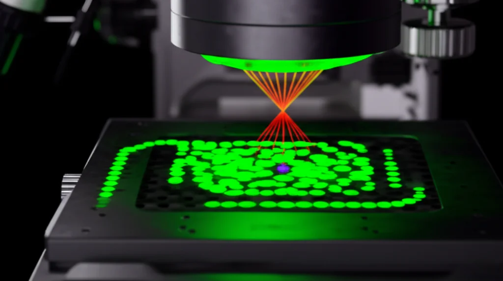 Illustrazione concettuale di un setup di nanoscopia MINFLUX che mostra un fascio di eccitazione a forma di ciambella (doughnut beam) focalizzato su un campione biologico con molecole fluorescenti. Macro lens, 60mm, high detail, precise focusing, controlled lighting, sfondo scuro per enfatizzare i dettagli luminosi.