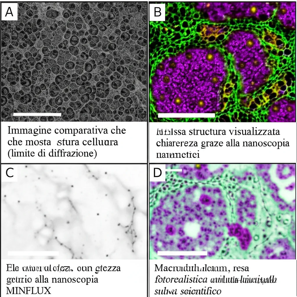 Immagine comparativa che mostra a sinistra una visione sfocata di strutture cellulari (limite di diffrazione) e a destra la stessa struttura visualizzata con estrema chiarezza grazie alla nanoscopia MINFLUX potenziata, evidenziando dettagli sub-nanometrici. Macro lens, 100mm, high detail, resa fotorealistica di un risultato scientifico.