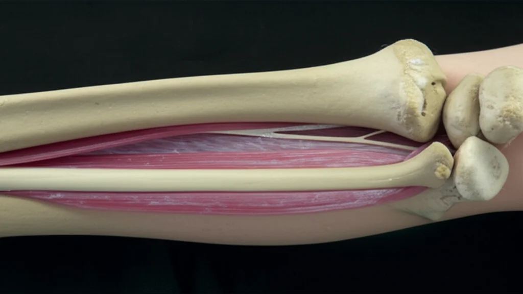 Fotografia macro ad alta definizione di una dissezione anatomica dell'avambraccio, che mostra il nervo interosseo anteriore e i suoi rami motori in prossimità del radio, con illuminazione controllata per evidenziare i dettagli nervosi e muscolari. Obiettivo macro 90mm, luce da studio, alta precisione di messa a fuoco.