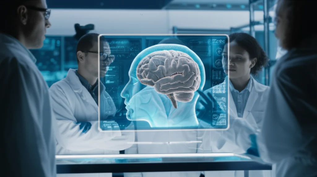 Un team di ricercatori in un laboratorio high-tech, visualizzano un'immagine medica 3D complessa di un cervello su uno schermo olografico futuristico, sembrano concentrati e pieni di speranza. Luce soffusa bluastra che illumina i volti, atmosfera da ricerca avanzata. Obiettivo prime, 35mm, profondità di campo accentuata, duotone blu e grigio.