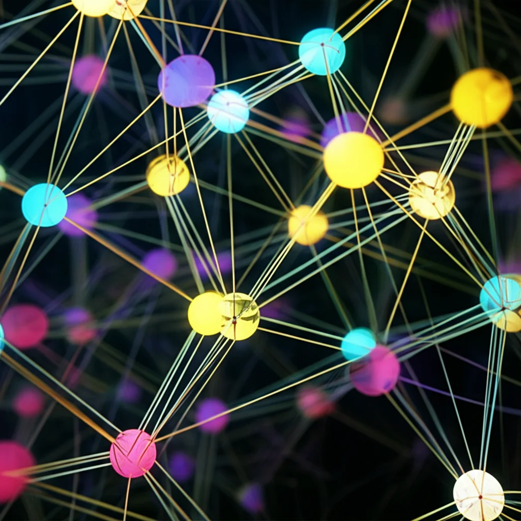 Visualizzazione astratta e artistica di un qutrit con tre stati distinti (sfere luminose di colori diversi) che interagiscono dinamicamente con una struttura a rete tensoriale complessa e luminosa, su uno sfondo digitale scuro che simboleggia i dati medici grezzi. Macro lens, 80mm, high detail, precise focusing, controlled lighting, colori brillanti e contrastati come ciano, magenta e giallo.