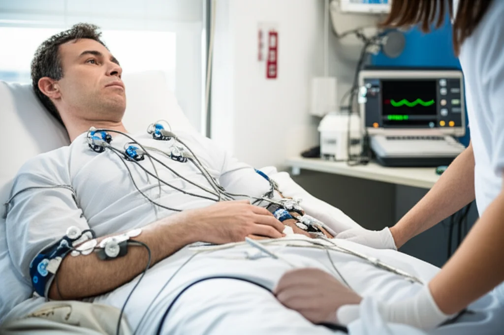 Fotografia di un paziente in un letto d'ospedale con elettrodi AgNRs-PDMS applicati agli arti, collegati a una macchina ECG. Obiettivo zoom 24-35mm, luce ambientale della stanza, espressione neutra del paziente. Focus sull'interazione elettrodo-pelle e sul setting clinico.