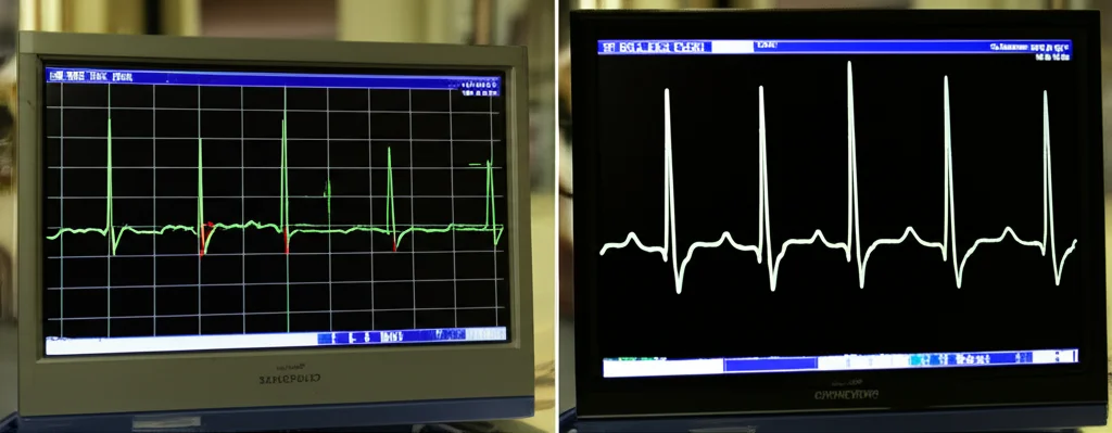 Due grafici ECG affiancati su uno schermo di computer: uno ottenuto con elettrodi tradizionali e l'altro con elettrodi AgNRs-PDMS, che mostra un segnale più pulito. Illuminazione da ufficio, focus sui dettagli delle forme d'onda. Macro lens, 60mm.