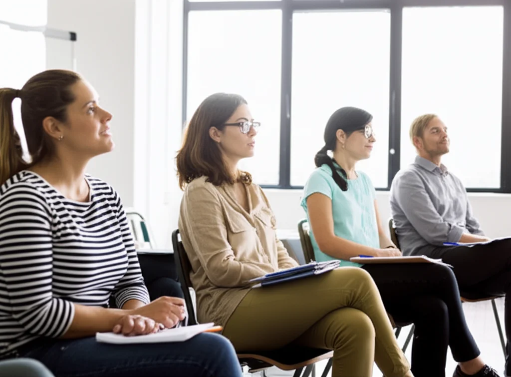 Un gruppo eterogeneo di persone di diverse età e background che partecipano a un seminario sulla salute, alcune prendono appunti, altre ascoltano attentamente un relatore fuori campo. Luce naturale da una finestra, atmosfera di speranza e collaborazione. Prime lens, 35mm, depth of field.