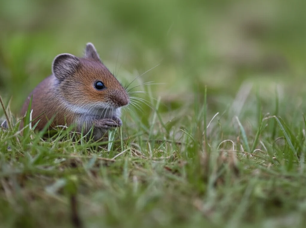 Un'arvicola campestre (Microtus agrestis) in un prato erboso, teleobiettivo zoom 200mm, fast shutter speed per catturare un possibile movimento, con un leggero effetto bokeh sullo sfondo per far risaltare il soggetto. L'illuminazione è naturale, tipica di una giornata leggermente nuvolosa.