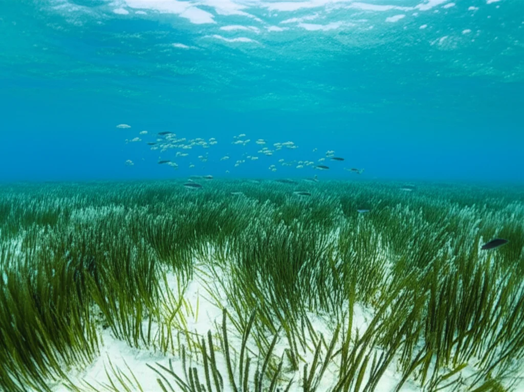 Paesaggio sottomarino grandangolare di una fitta prato di alghe di Posidonia Oceanica che si estende verso la superficie illuminata dal sole, lente grandangole larghe da 10-24 mm, focus acuta in tutta la scena, scuole di piccoli pesci d'argento che nuotano tra le lame lunghe e scure di alghe di alghe scuro, acqua turchese limpide, patch sabbiose visibili tra le sezioni di Meadow.