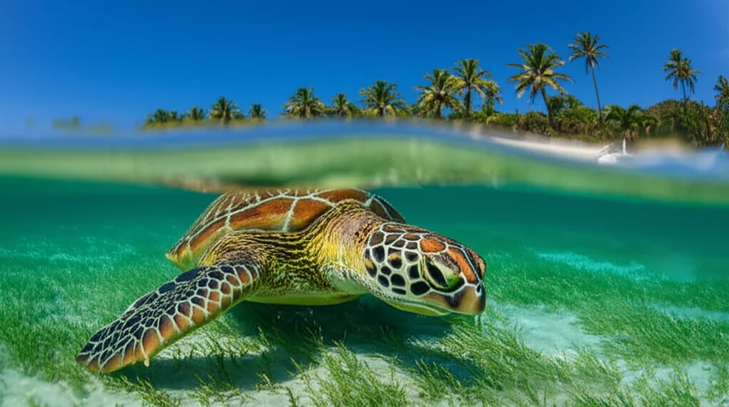 Scatto diviso, mezzo sott'acqua che mostra un fiorente lettino di alghe con una tartaruga marina verde (Chelonia mydas) che pascola pacificamente, metà sopra l'acqua che mostra una costa calma e soleggiata con palme, lenti grandangoli di 15 mm, focalizzarsi in modo forte su entrambe le metà, acqua chiara che rivela i dettagli del fondo sabbioso e del mare.