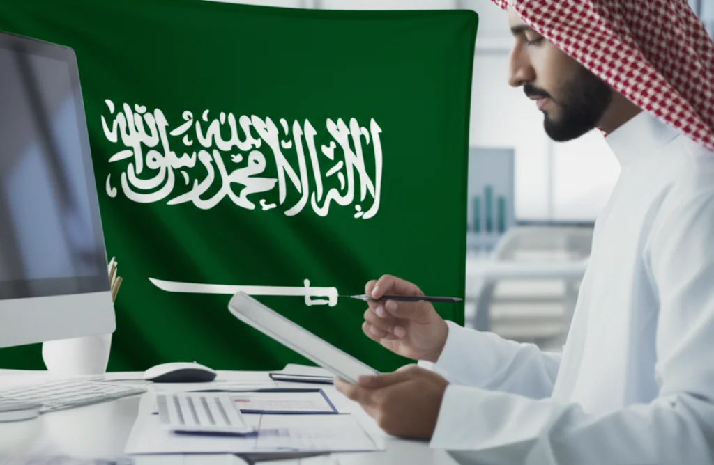 Immagine fotorealistica di un ricercatore o un operatore sanitario saudita che analizza grafici e dati su un tablet in un moderno ufficio o clinica. Macro lens, 60mm, high detail, precise focusing, controlled lighting, con un accenno alla bandiera saudita o elementi culturali discreti sullo sfondo.