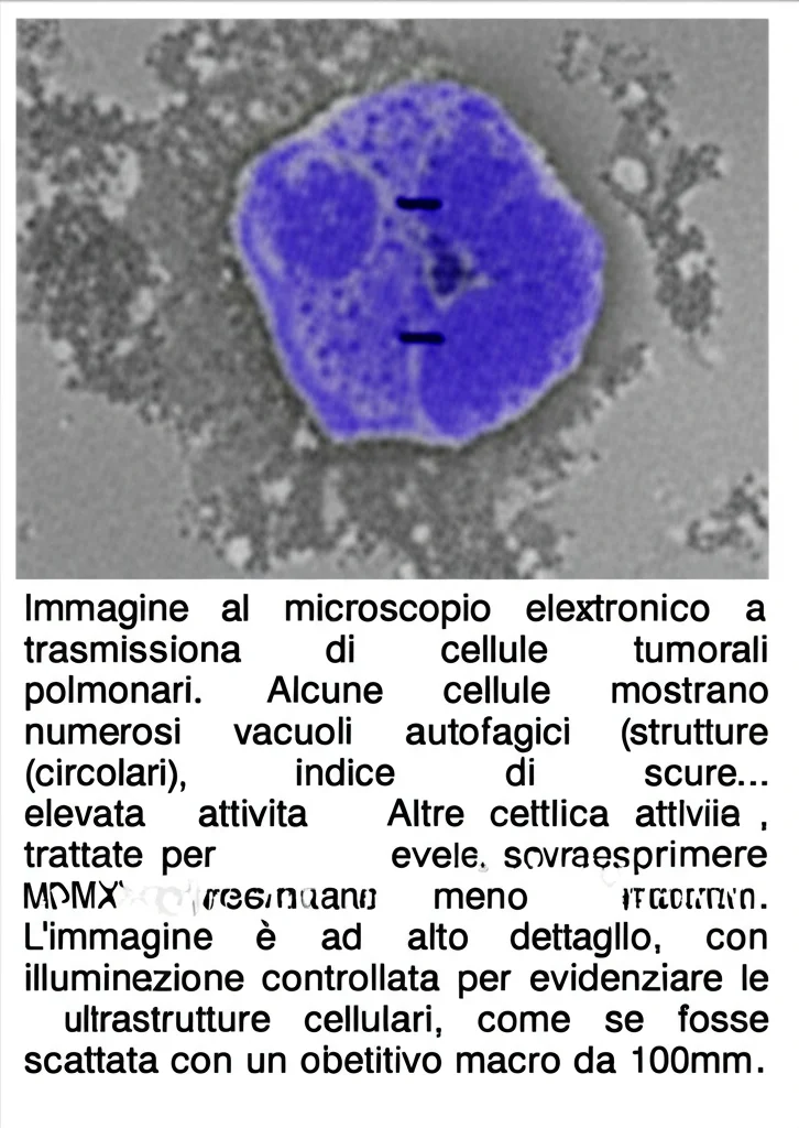 Immagine al microscopio elettronico a trasmissione di cellule tumorali polmonari. Alcune cellule mostrano numerosi vacuoli autofagici (strutture scure, circolari), indice di elevata attività autofagica. Altre cellule, trattate per sovraesprimere MDMX, presentano meno vacuoli. L'immagine è ad alto dettaglio, con illuminazione controllata per evidenziare le ultrastrutture cellulari, come se fosse scattata con un obiettivo macro da 100mm.