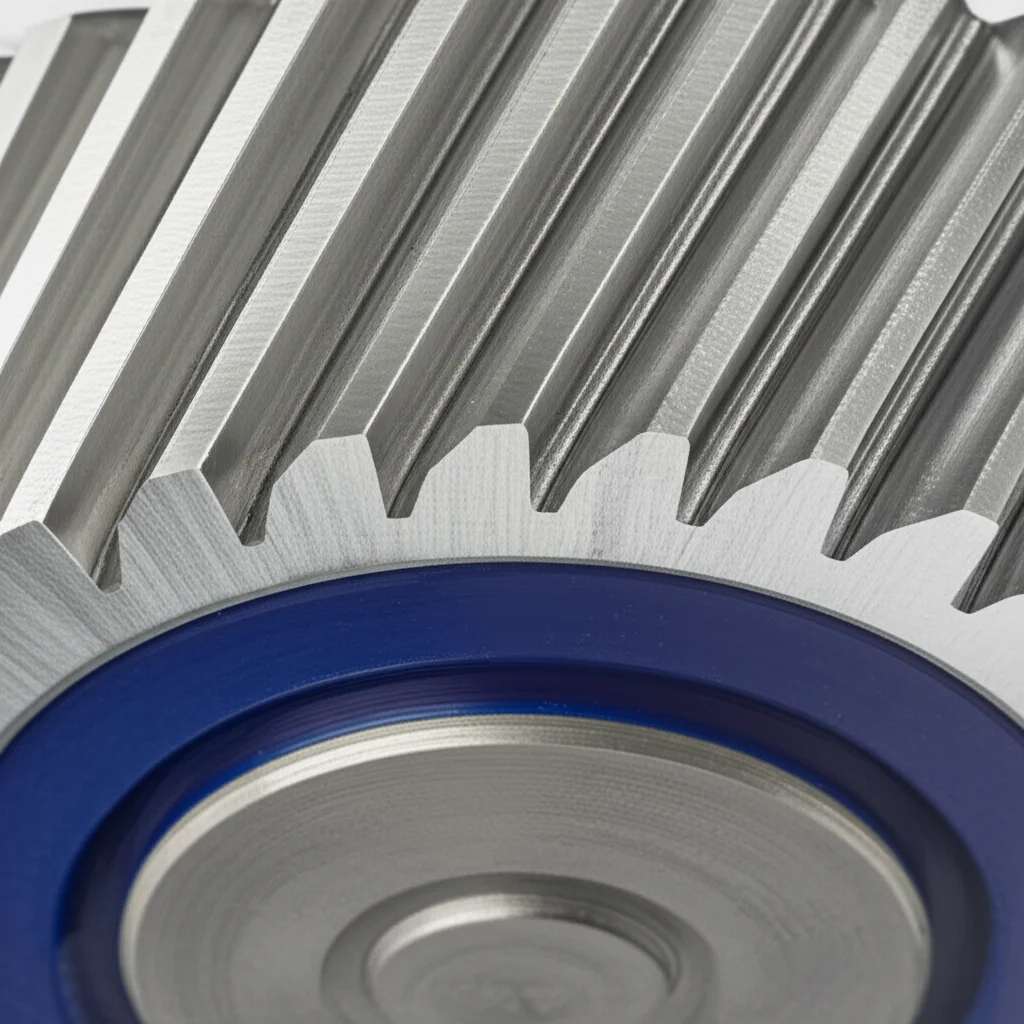 Primo piano macro di un ingranaggio a spina di pesce con anima elastica, illuminazione da studio controllata per evidenziare i dettagli metallici e l'inserto in materiale elastico di colore scuro. Obiettivo macro 100mm, alta definizione, messa a fuoco precisa sui denti dell'ingranaggio.