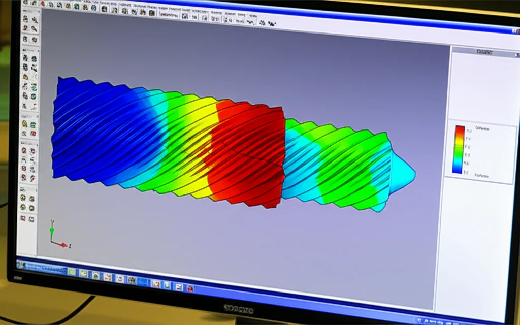 Visualizzazione grafica 3D di un'analisi dinamica di un sistema di ingranaggi a spina di pesce, con colori che rappresentano le diverse sollecitazioni o temperature. Schermo di computer in un ambiente di laboratorio ingegneristico, effetto profondità di campo. Obiettivo prime 35mm.
