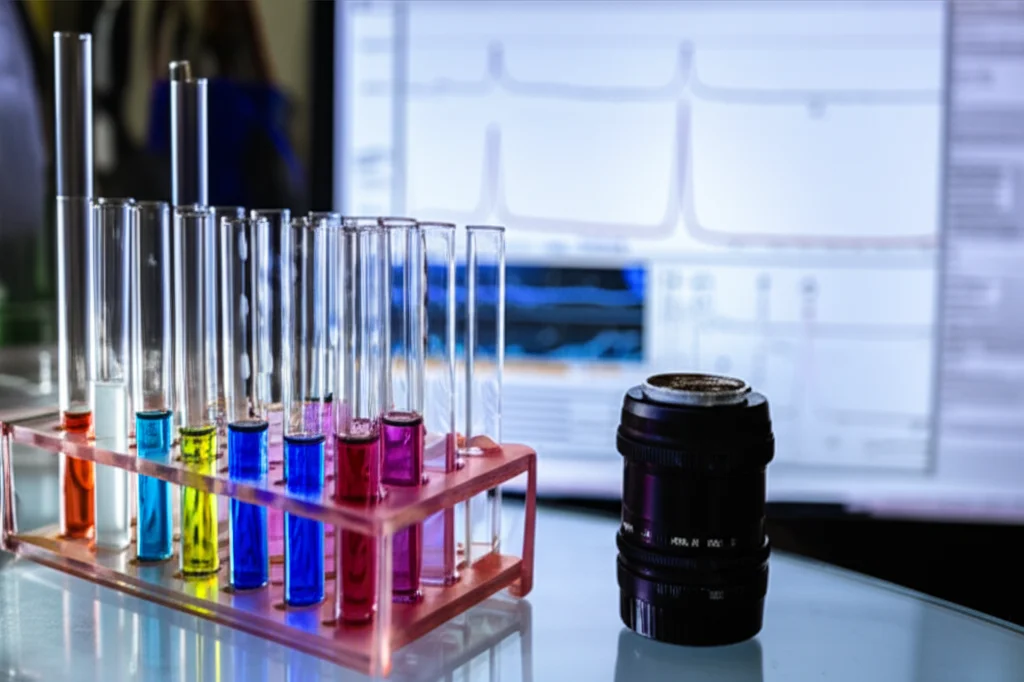 Macro lens, 60mm, still life di provette NMR contenenti soluzioni colorate (blu per piruvato, rosso per lattato) su un tavolo da laboratorio con grafici di spettri NMR sullo sfondo, high detail, precise focusing, controlled lighting, effetto bokeh sullo sfondo per enfatizzare le provette.