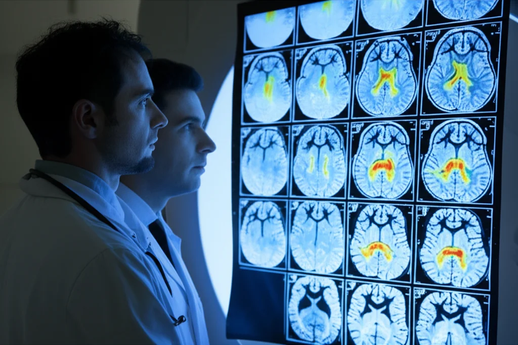 Portrait photography, 35mm lens, un medico e un ricercatore che osservano con interesse uno schermo di un macchinario MRI che mostra mappe colorate della temperatura cerebrale, film noir style con illuminazione drammatica che evidenzia i volti concentrati e lo schermo luminoso.