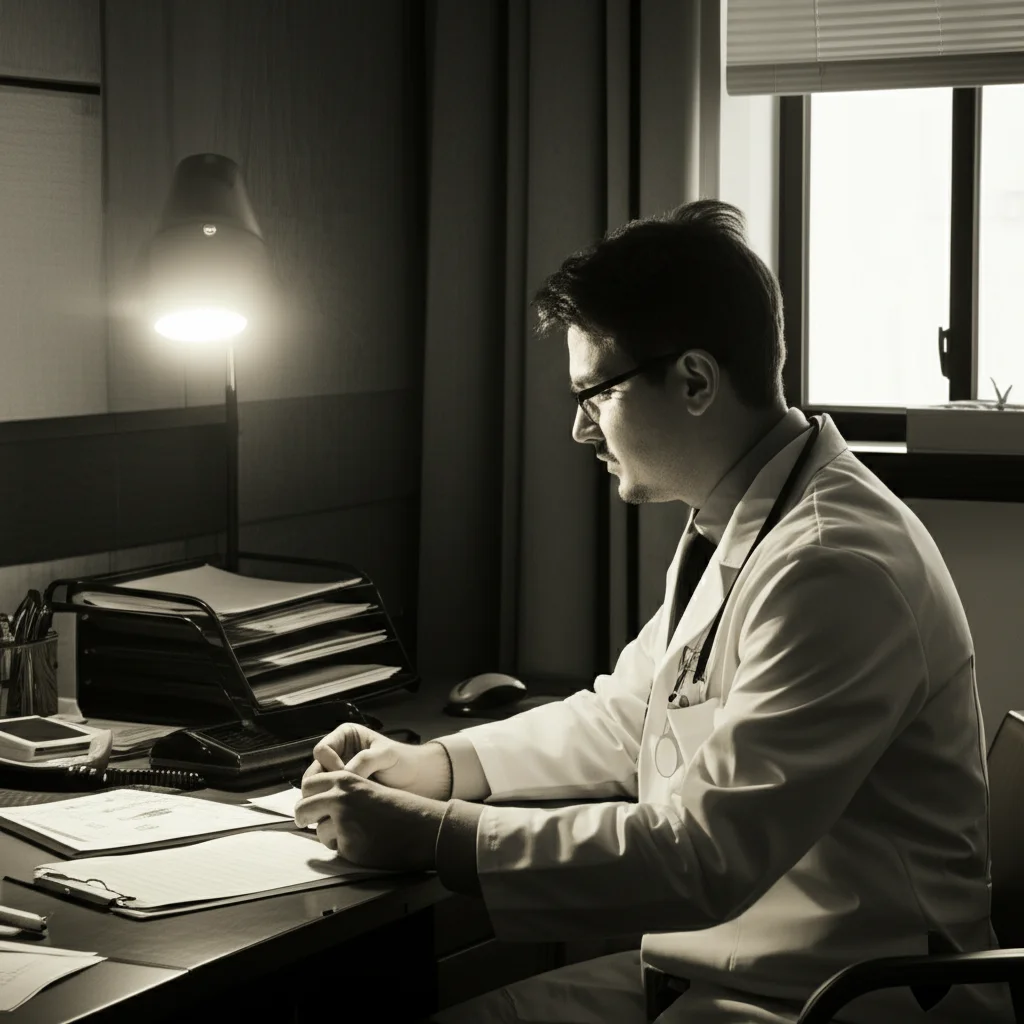 Un medico dall'aria pensierosa guarda dei referti medici illuminati da una lampada da scrivania in un ufficio moderno, luce soffusa dalla finestra laterale. Prime lens, 35mm, depth of field, duotone seppia e grigio, per enfatizzare la serietà della riflessione medica.