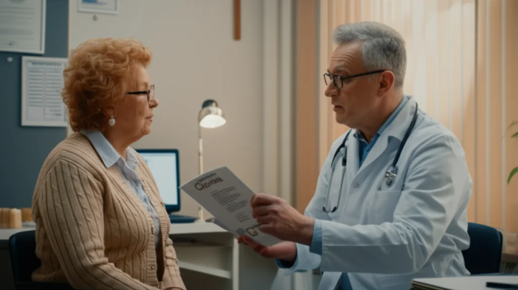 Una persona anziana e un medico discutono amichevolmente in uno studio medico luminoso e accogliente. Il medico indica un opuscolo informativo. Zoom lens, 50mm, luce naturale che entra da una finestra, colori caldi per trasmettere fiducia e dialogo.