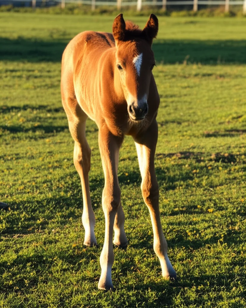 Primo piano di un puledro con una lieve deformità flessoria a un arto anteriore, in un paddock erboso. Luce del mattino, obiettivo da ritratto 35mm, profondità di campo per sfocare lo sfondo e mettere a fuoco l'arto.