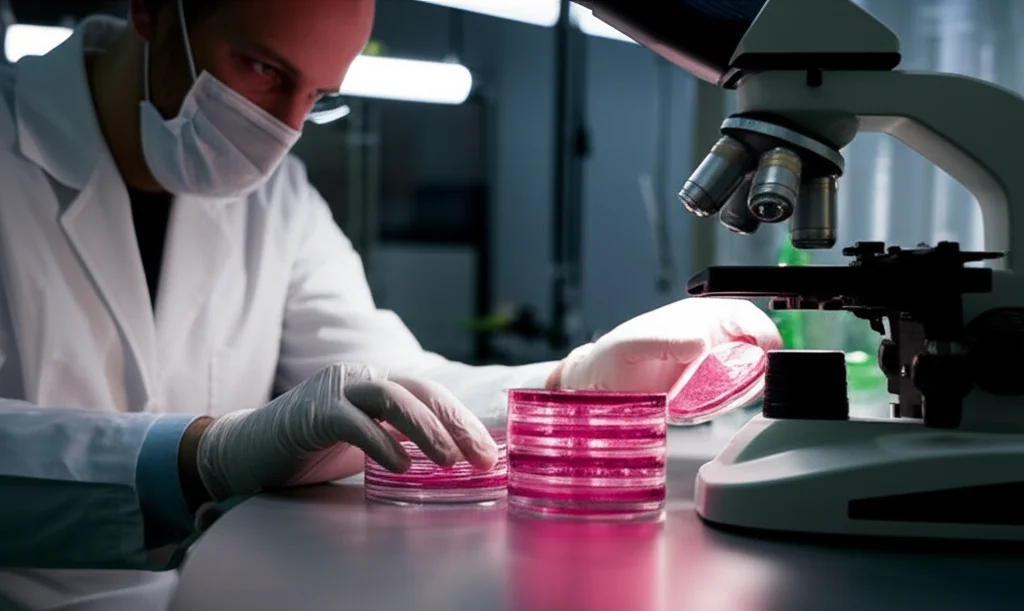 Scena di laboratorio con piastre di Petri contenenti colture cellulari rosate sotto un microscopio. Un ricercatore con guanti osserva. Illuminazione controllata da laboratorio, obiettivo macro 90mm, alta definizione sui dettagli delle piastre.