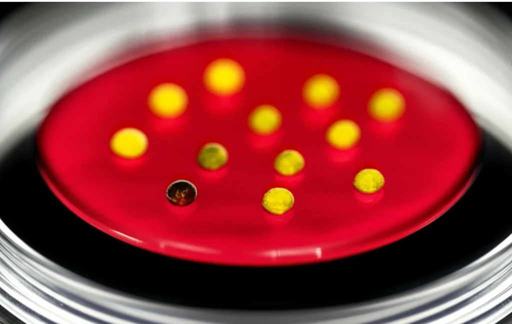 Macro fotografia, obiettivo 100mm, di sette piccole gocce di gel contenenti nanoparticelle d'oro di diverse forme (nano-ossi, nanosfere, nanobarre, nano-navette, nanostelle) disposte in fila su un supporto trasparente. Ogni goccia mostra una sfumatura di colore leggermente diversa, dal rosso rubino al viola intenso, a indicare la reazione con differenti aldeidi batteriche. Illuminazione da studio controllata per evidenziare i dettagli e la lucentezza delle nanoparticelle, alta definizione.