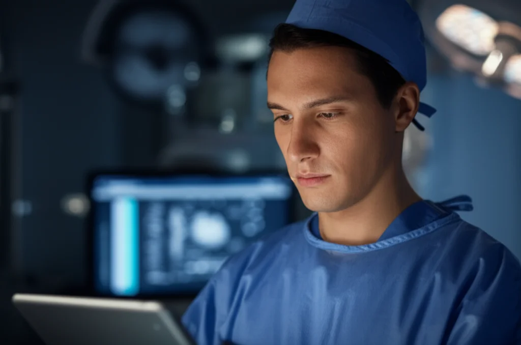 A close-up portrait of a male surgeon in scrubs looking intently at a tablet displaying medical data, 35mm portrait, depth of field, controlled lighting.