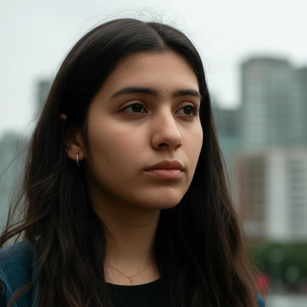 Fotografia ritratto, primo piano leggermente decentrato di un'adolescente di origine mista pensierosa che guarda fuori da una finestra in una giornata nuvolosa a Vancouver, luce morbida dalla finestra che illumina metà del viso, obiettivo 50mm, profondità di campo ridotta per sfocare lo sfondo urbano esterno, toni leggermente desaturati per un'atmosfera introspettiva.