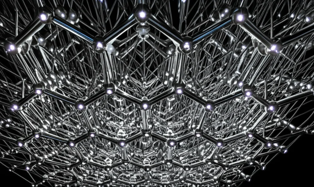 Immagine astratta e fotorealistica che rappresenta la complessa struttura reticolare di un Metal-Organic Framework (MOF) con nodi luminosi che simboleggiano l'interazione dei fononi, catturata con una lente macro 100mm per evidenziare i dettagli atomici, illuminazione drammatica che crea contrasto.