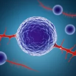 Immagine concettuale di molecole lipidiche stilizzate (sfere colorate con code) che fluttuano attorno a una rappresentazione astratta di un neurone o di una sezione del cervello umano, con un focus sulla connessione tra il siero sanguigno (rappresentato da un flusso rosso) e la prognosi. Obiettivo macro 100mm per enfatizzare i dettagli molecolari, illuminazione da studio per un look pulito e scientifico, sfondo blu scuro per contrasto.