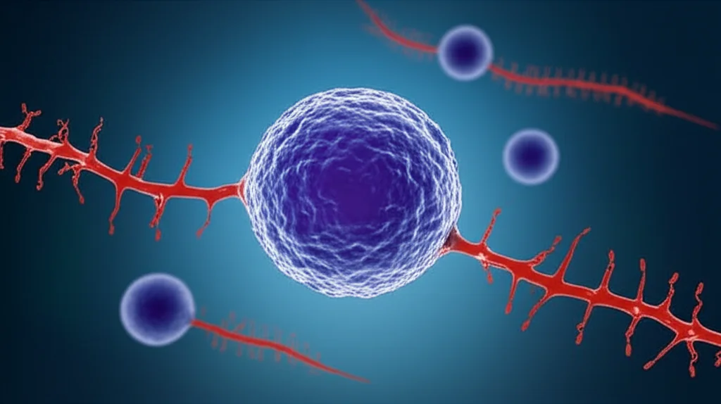Immagine concettuale di molecole lipidiche stilizzate (sfere colorate con code) che fluttuano attorno a una rappresentazione astratta di un neurone o di una sezione del cervello umano, con un focus sulla connessione tra il siero sanguigno (rappresentato da un flusso rosso) e la prognosi. Obiettivo macro 100mm per enfatizzare i dettagli molecolari, illuminazione da studio per un look pulito e scientifico, sfondo blu scuro per contrasto.