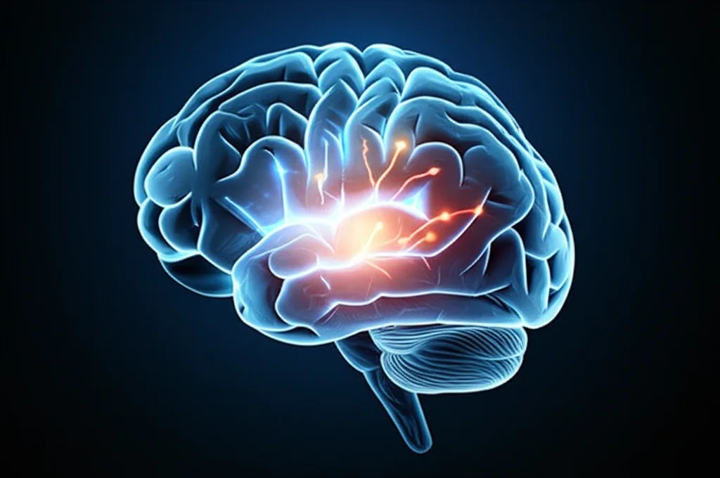 Immagine concettuale di un cervello umano stilizzato con un'area dell'ippocampo illuminata, da cui si diramano nuove connessioni neurali simili a scintille luminose, simboleggianti la neurogenesi indotta dall'esercizio e mediata dal lattato. Sfondo scuro per far risaltare la luminosità, obiettivo 35mm, profondità di campo.