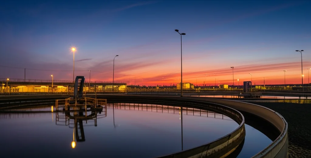 Immagine fotorealistica di un impianto di trattamento acque reflue al tramonto, con le vasche di aerazione che riflettono il cielo colorato. Obiettivo grandangolare 16mm, lunga esposizione per acqua liscia e nuvole setose, focus nitido sull'intera struttura, luci calde dell'impianto accese, creando un contrasto suggestivo tra industria e natura.