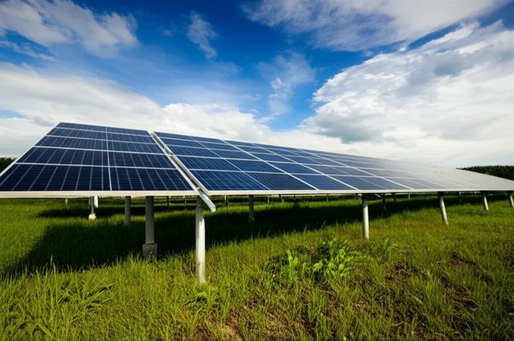 Installazione di pannelli fotovoltaici di diverse tecnologie (silicio monocristallino, policristallino, film sottile come silicio amorfo e CIS) in un campo sperimentale in un lussureggiante ambiente tropicale del Brunei Darussalam, sotto un cielo parzialmente nuvoloso che suggerisce variabilità di insolazione. Wide-angle, 10-24mm, sharp focus, per catturare l'estensione dell'impianto e il contesto ambientale umido e caldo.