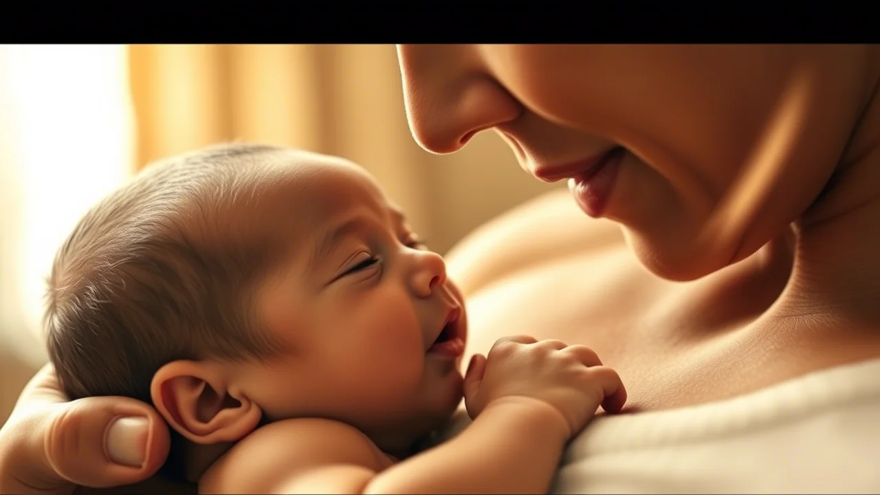 Primo piano di un neonato sereno che si attacca al seno della madre. La madre guarda il bambino con amore. Luce calda e soffusa, atmosfera intima. Prime lens, 35mm, depth of field, duotone seppia e crema.