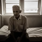 Ritratto fotografico, 35mm, di un paziente oncologico portoricano seduto su un letto d'ospedale improvvisato in una struttura danneggiata dall'uragano Maria. Luce fioca proveniente da una finestra, espressione di stanchezza e preoccupazione ma con un accenno di resilienza. Duotone seppia e grigio per un effetto drammatico e storico. Profondità di campo.