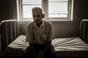Ritratto fotografico, 35mm, di un paziente oncologico portoricano seduto su un letto d'ospedale improvvisato in una struttura danneggiata dall'uragano Maria. Luce fioca proveniente da una finestra, espressione di stanchezza e preoccupazione ma con un accenno di resilienza. Duotone seppia e grigio per un effetto drammatico e storico. Profondità di campo.