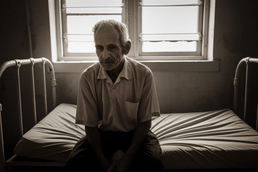 Ritratto fotografico, 35mm, di un paziente oncologico portoricano seduto su un letto d'ospedale improvvisato in una struttura danneggiata dall'uragano Maria. Luce fioca proveniente da una finestra, espressione di stanchezza e preoccupazione ma con un accenno di resilienza. Duotone seppia e grigio per un effetto drammatico e storico. Profondità di campo.