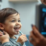 Un bambino sorridente di circa 8 anni, con una leggera cicatrice da labiopalatoschisi, partecipa a una sessione di logopedia con biofeedback ecografico (U-VBF). Un logopedista gentile gli posiziona la sonda ecografica sotto il mento mentre entrambi osservano con interesse uno schermo che mostra il movimento della lingua. Fotografia ritratto, prime lens, 35mm, duotone blu e grigio per un'atmosfera tecnologica ma calda e positiva, profondità di campo che mette a fuoco il bambino e lo schermo.