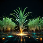 Un'immagine concettuale dell'Industria 4.0 nel settore saccarifero: ingranaggi digitali luminosi che si interconnettono con piante di canna da zucchero stilizzate su uno sfondo tecnologico astratto, simboleggiando l'integrazione tra tecnologia avanzata e agricoltura. Illuminazione drammatica, focus selettivo sull'intersezione, obiettivo 50mm prime, alta definizione.