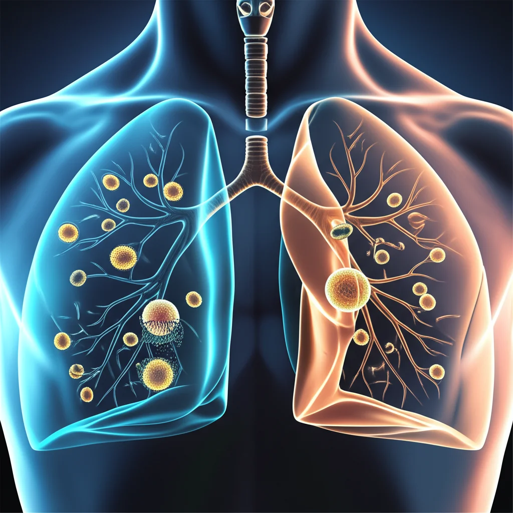 Un'immagine concettuale fotorealistica che mostra vescicole extracellulari luminose che viaggiano da cellule adipose verso i polmoni, con un microRNA (miR-150-5p) evidenziato all'interno di una vescicola. Lo sfondo è un polmone stilizzato che passa da uno stato infiammato a uno sano. Obiettivo prime 35mm, profondità di campo per mettere a fuoco le vescicole, toni blu e arancioni duotone per contrasto, alta definizione.