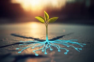 Un'immagine simbolica potente: una giovane pianta che cresce attraverso una crepa nel cemento, con radici che si intrecciano con una rappresentazione stilizzata di circuiti neurali luminosi. Rappresenta la resilienza e l'impatto delle esperienze precoci. Luce soffusa dell'alba, depth of field, lente prime 50mm, colori caldi e freddi in duotone (es. arancione e ciano).