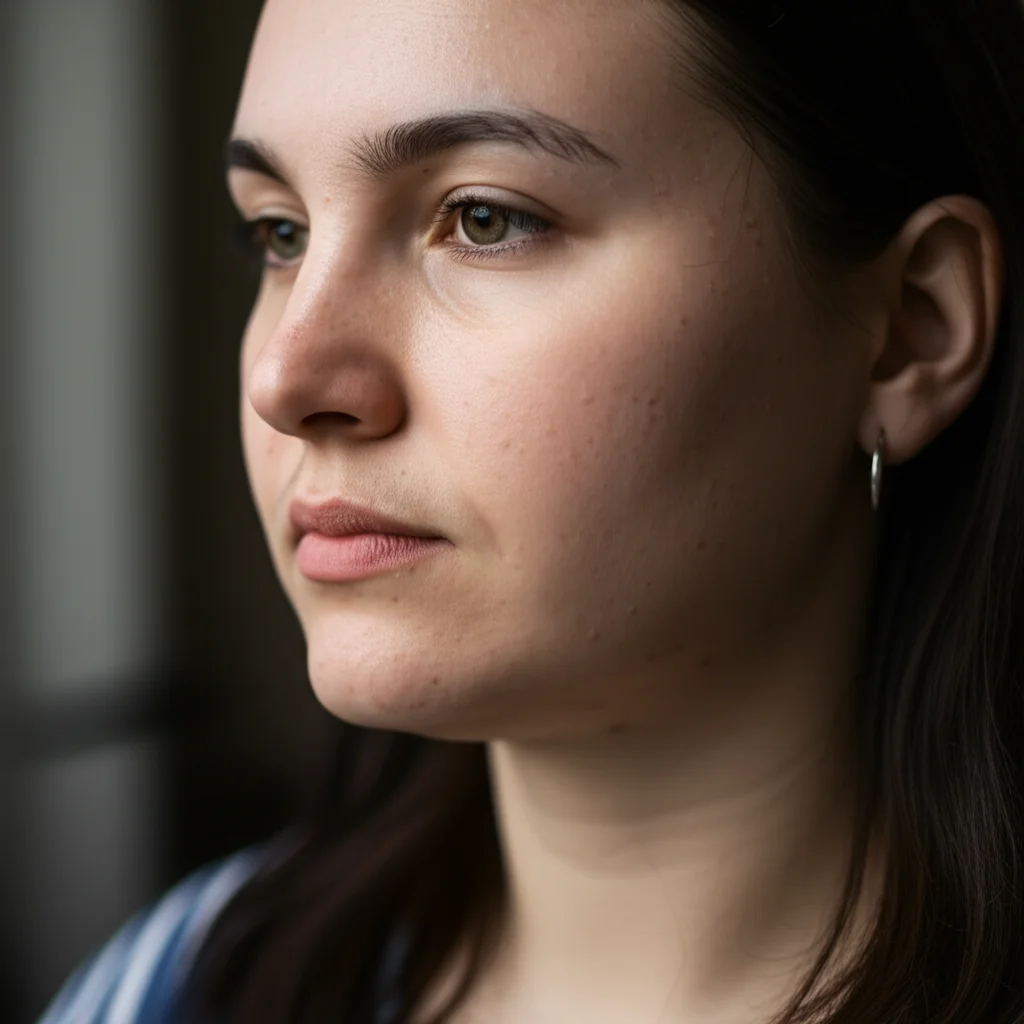 A close-up portrait (35mm) of a person with a pensive expression, hinting at the chronic burden of pain from Hidradenitis Suppurativa, with soft focus in the background.