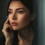 A woman's thoughtful portrait, reflecting on complex life factors, 35mm portrait, depth of field, subtle lighting.
