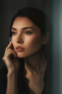 A woman's thoughtful portrait, reflecting on complex life factors, 35mm portrait, depth of field, subtle lighting.