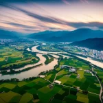 Fotografia aerea, wide-angle 18mm, del paesaggio variegato della provincia del Sichuan, che mostra fiumi serpeggianti, campi agricoli verdi e aree urbane, con una luce dorata del tardo pomeriggio che evidenzia la topografia, long exposure per nuvole soffuse, a simboleggiare l'abbondanza e la sfida della gestione delle risorse idriche.