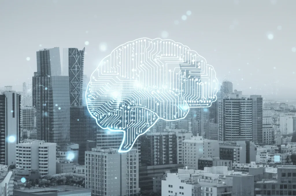 Immagine concettuale di un cervello stilizzato composto da ingranaggi luminosi e connessioni digitali, sovrapposto a un panorama urbano moderno che rappresenta un hub tecnologico in Oman. L'immagine simboleggia la memoria organizzativa e la conoscenza che fluisce. Obiettivo prime 24mm, depth of field, duotone ciano e grigio antracite, alta definizione.