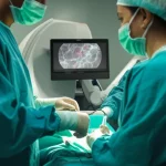 Immagine concettuale di un sistema MIPS in una sala operatoria moderna, che proietta un'immagine a fluorescenza verde sul campo chirurgico durante una biopsia del linfonodo sentinella per tumore al seno. Dettagli: prime lens, 24mm, depth of field, illuminazione drammatica controllata, focus sull'interazione tra tecnologia e paziente (non visibile direttamente).
