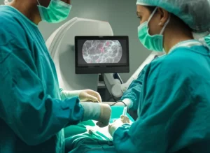 Immagine concettuale di un sistema MIPS in una sala operatoria moderna, che proietta un'immagine a fluorescenza verde sul campo chirurgico durante una biopsia del linfonodo sentinella per tumore al seno. Dettagli: prime lens, 24mm, depth of field, illuminazione drammatica controllata, focus sull'interazione tra tecnologia e paziente (non visibile direttamente).