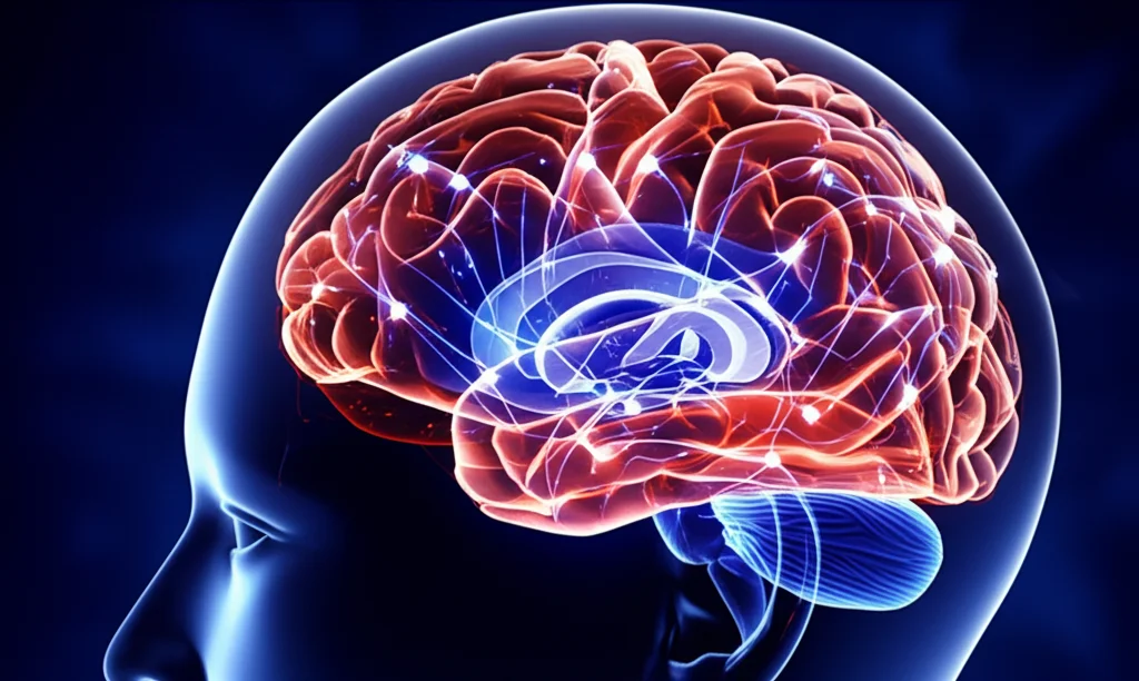 Immagine concettuale fotorealistica del cervello umano con connessioni neurali luminose e sovrapposizione di grafici di dati genetici astratti e molecole stilizzate legate all'infiammazione (rosse) e al metabolismo del ferro (blu). Obiettivo prime 50mm, profondità di campo per sfocare leggermente lo sfondo cerebrale ed enfatizzare i dati, toni blu freddo e rosso caldo duotone, illuminazione cinematografica suggestiva.